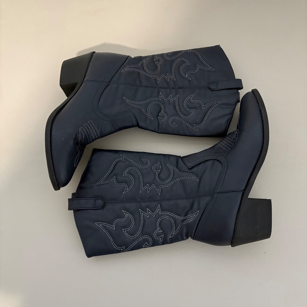 Navy Blue Western Cowboy Boots Faux Leather Pointed Toe Block Heel Mid Calf - Picture 7 of 11